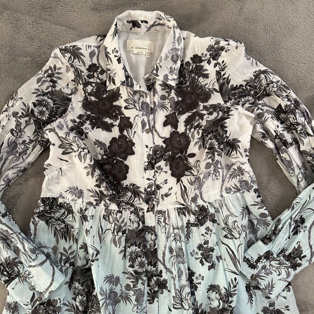 Anthropologie Lavinia Embroidered White Blue Shirt Dress Size 6 Button Cotton - Picture 3 of 8